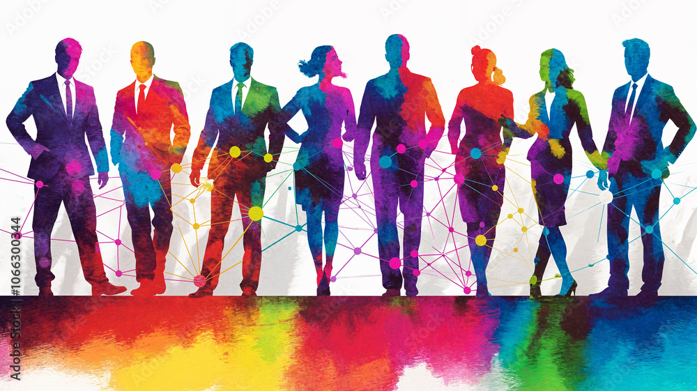 Obraz premium Vibrant Team Silhouettes Unity Diversity Connection Multicolored Network People Collaboration Abstract Togetherness
