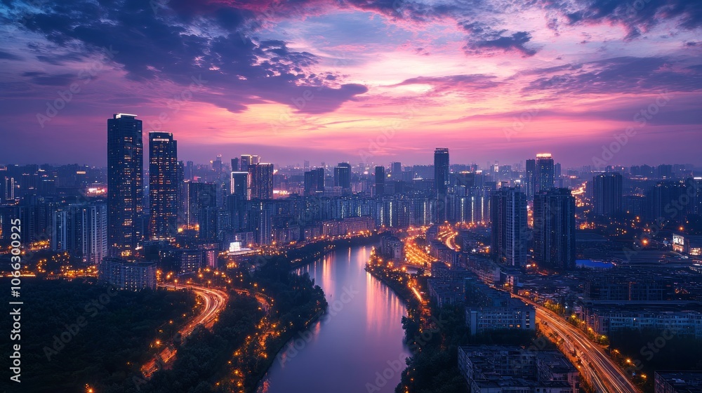 Cityscape at dusk with a river flowing through the city and colorful sky. Cityscape at dusk with a river flowing through the city and colorful sky.