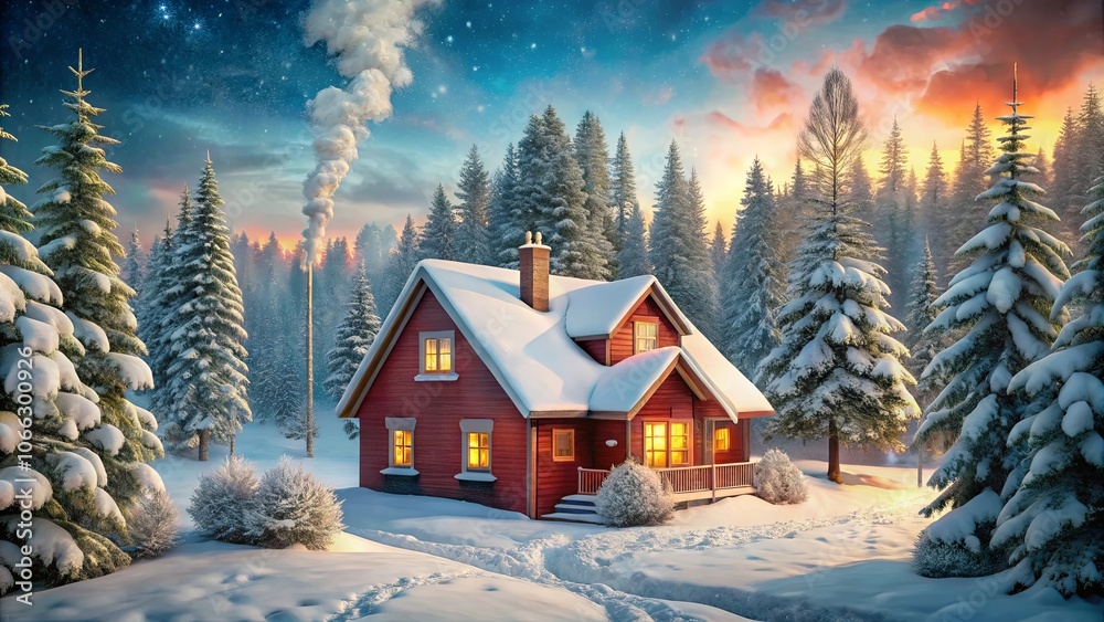 Fototapeta premium A Cozy Cabin Nestled in a Snowy Forest, Bathed in the Golden Glow of a Winter Sunset, Smoke Curling from the Chimney, Inviting Warmth and Tranquility