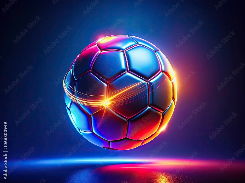 Fototapeta premium Glowing Neon Soccer Ball Abstract Art in Deep Blue Background - Vibrant Sports Imagery
