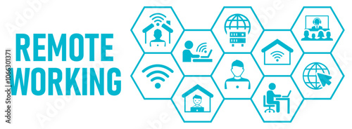 Remote working concept banner web website icons vector illustration with icons of working at home, video conference, telecommuting, connecting online, service, work home on white background, icons,