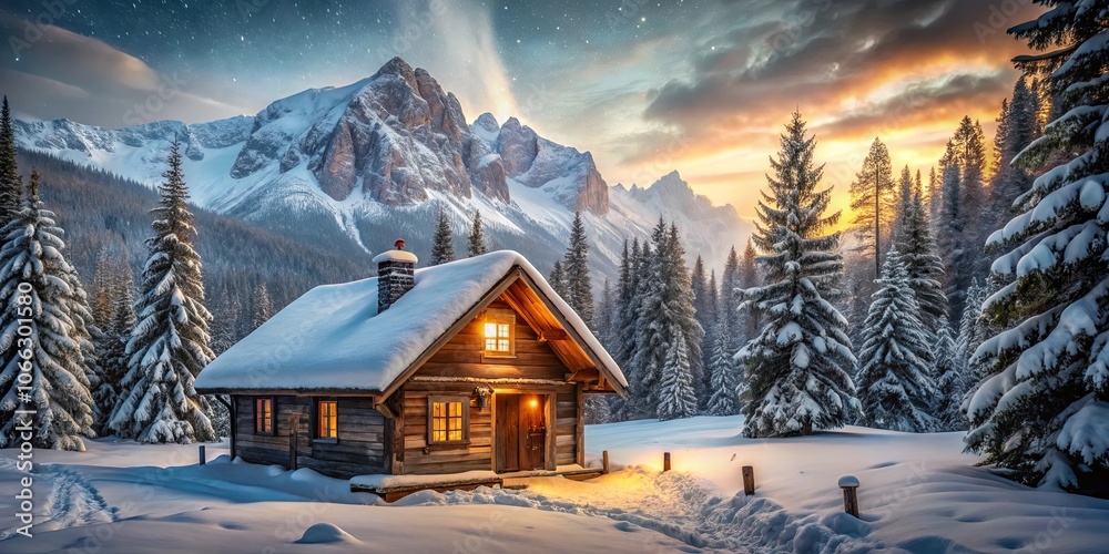 Fototapeta premium A secluded wooden cabin nestled amongst snow-laden pines, bathed in the warm glow of twilight as the sun sets behind towering, snow-capped peaks.