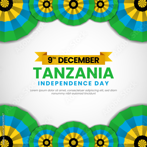 Tanzania independence day greeting card, Square banner Background with realistic national flag