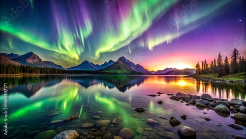 A serene mountain lake bathed in the vibrant glow of the aurora borealis, its ethereal light dancing across the water's surface, creating a captivating spectacle of nature's artistry.