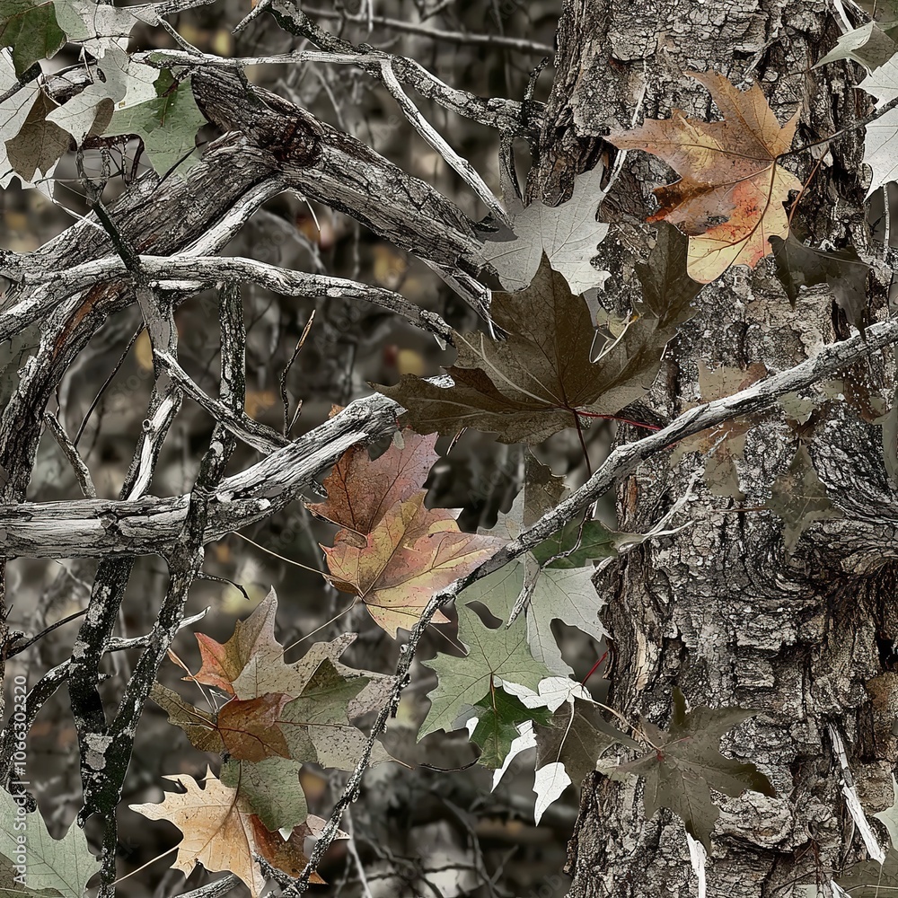 Fototapeta premium Maple Tree Bark Autumn Leaves Camouflage Seamless Pattern Texture