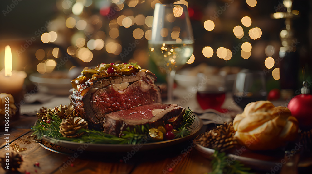 New Year's themed Slice of prime rib with a side, food photography, New Year's themed Slice of prime rib with a side, food photography,
