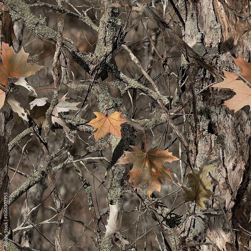 Maple Tree Bark Autumn Leaves Camouflage Seamless Pattern Texture