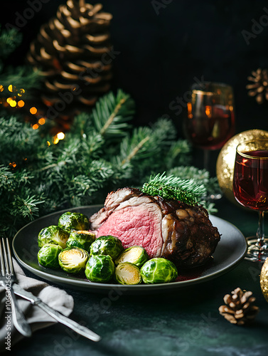 New Year's themed Slice of prime rib with a side, food photography,