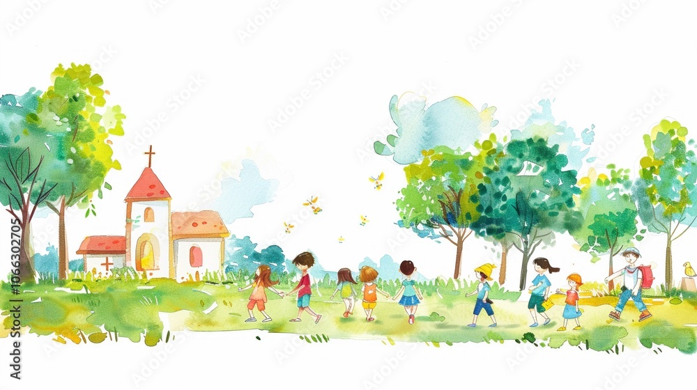 Gentle watercolor drawing of a Christian youth camp with children learning and playing Gentle watercolor drawing of a Christian youth camp with children learning and playing