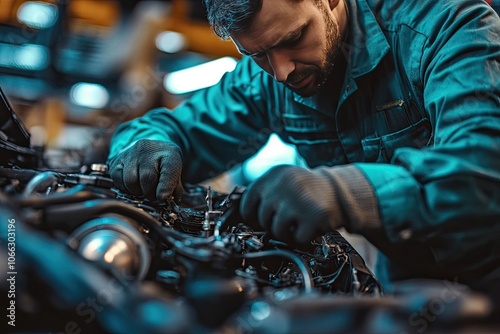 Mechanic working on car engine. This image is ideal for websites or marketing materials related to automotive repair and maintenance.