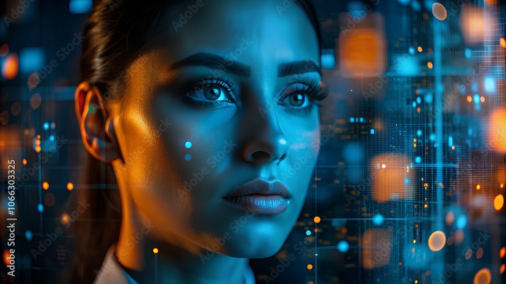 Woman with Digital Overlay. Digital Identity. A close-up of a woman's face with digital data projected over her. Woman with Digital Overlay. Digital Identity. A close-up of a woman's face with digital data projected over her.