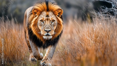 Majestic Lion Striding Through Dry Grassy Savanna. photo