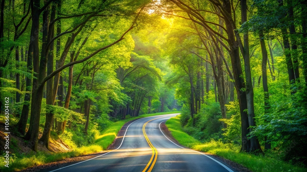 Obraz premium A winding road through a lush canopy of trees bathed in the golden glow of sunlight, with dappled shadows and verdant foliage creating a tranquil and enchanting scene.