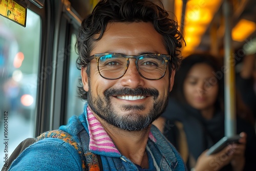 Happy Man on Bus, Smiling, Traveling. photo