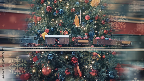 A train and a Christmas tree. Chrismas train oranment around a chritsmas tree. New year background of fir tree with toy train and many beautiful christmas decoration. photo