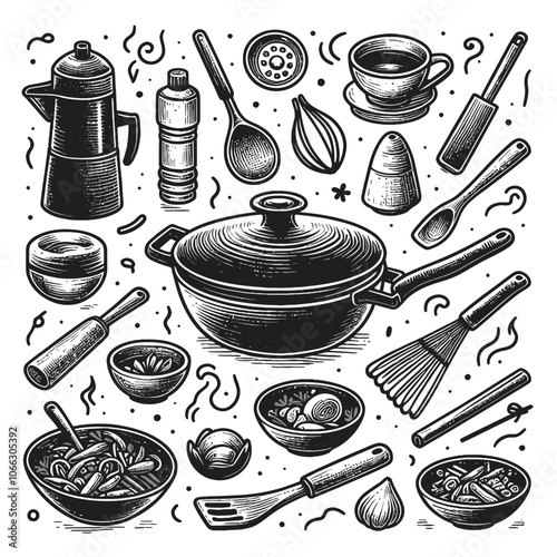 Wok set doodle vector