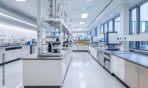  a modern, clean, and spacious laboratory with lab benches, equipment, and bright lighting. The lab is well-organized and appears to be designed for scientific research or experiments.