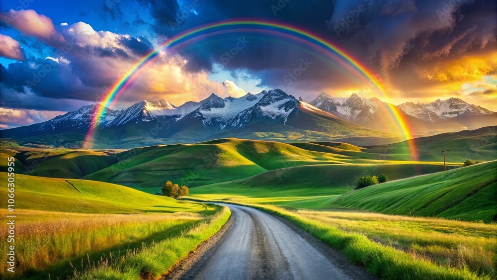 Obraz premium A winding road leading towards a majestic mountain range, adorned with a vibrant rainbow stretching across the horizon, as clouds drift by casting shadows on the lush green meadows below.
