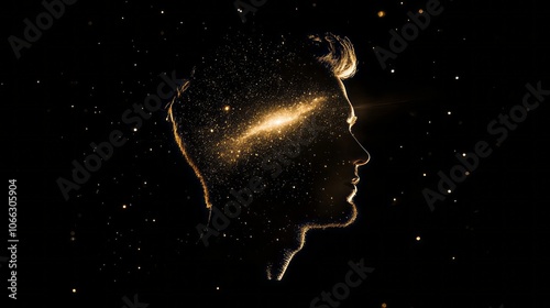 a silhouette of a person's head against a dark background, with a galaxy-like light effect inside the silhouette, symbolizing cosmic thoughts or imagination.