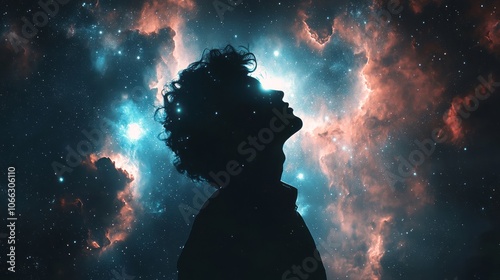 a silhouette of a person looking upwards against a cosmic background filled with stars and nebulae, giving a sense of wonder and connection to the universe.