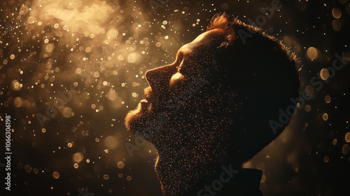 a profile of a person looking upwards, surrounded by glowing golden particles, creating a dreamy and magical atmosphere.