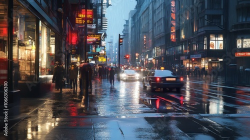 A rainy street in a bustling city, hypermaximalist, advertising photography, hyper realistic, fine detail,