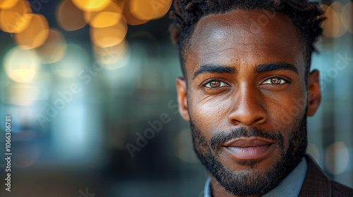 Capture the essence of professionalism with a close-up of a young businessman's face against a vibrant background