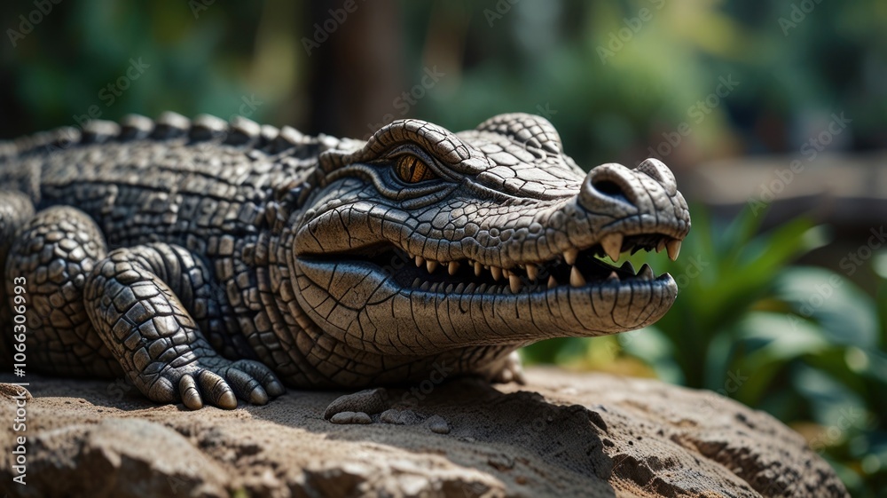 Obraz premium a stone sculpture of a crocodile. The sculpture's intricate details, including the textured skin, sharp teeth, and piercing eyes, create a sense of realism and danger.