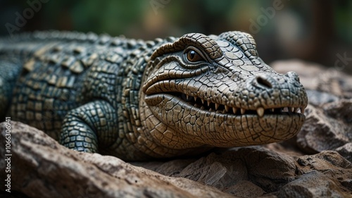 a stone sculpture of a crocodile. The sculpture's intricate details, including the textured skin, sharp teeth, and piercing eyes, create a sense of realism and danger.