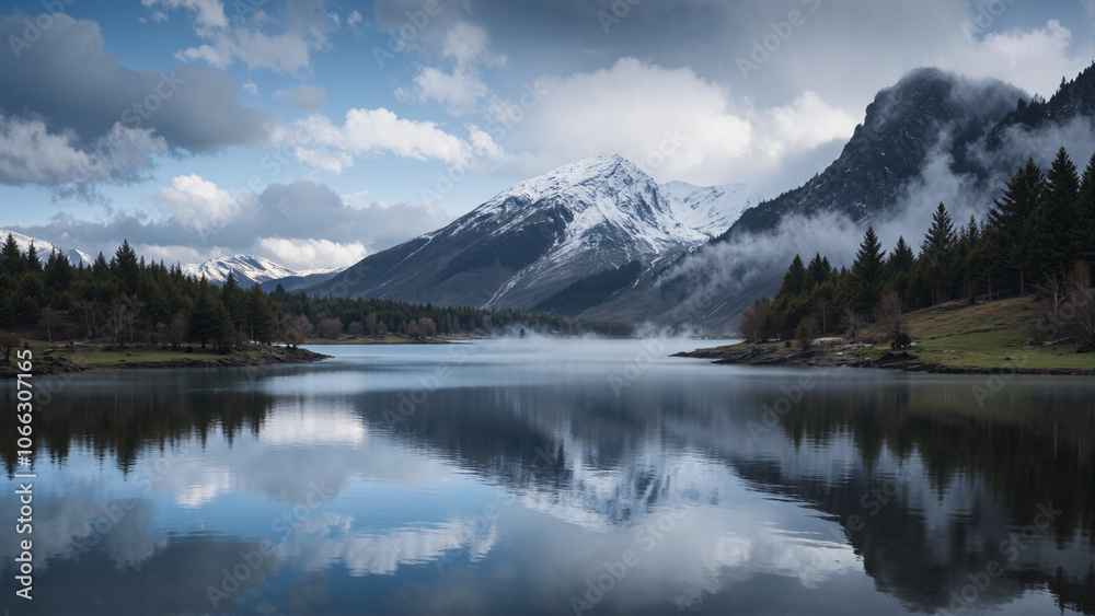 Fototapeta premium A serene lake reflects snow-capped mountains and pine trees under a cloudy sky, creating a tranquil and picturesque landscape.