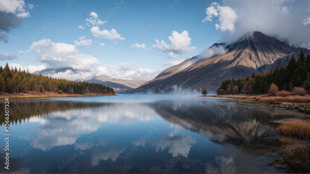 A serene lake reflects snow-capped mountains and pine trees under a cloudy sky, creating a tranquil and picturesque landscape. A serene lake reflects snow-capped mountains and pine trees under a cloudy sky, creating a tranquil and picturesque landscape.