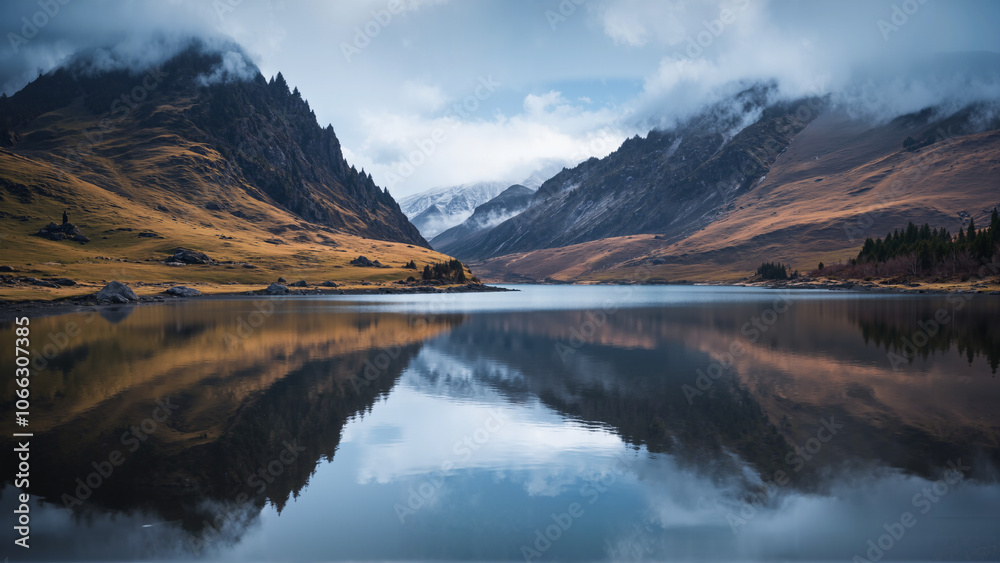 Obraz premium A serene lake reflects snow-capped mountains and pine trees under a cloudy sky, creating a tranquil and picturesque landscape.