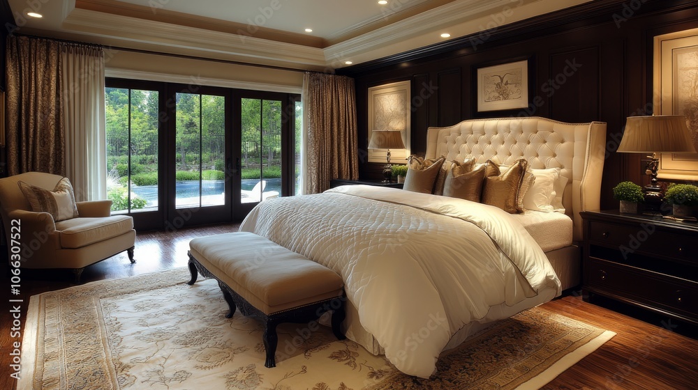 Elegant bedroom with a king-size bed, a tufted headboard, a plush armchair, a large window with French doors, a rug, and a bench at the foot of the bed. Elegant bedroom with a king-size bed, a tufted headboard, a plush armchair, a large window with French doors, a rug, and a bench at the foot of the bed.