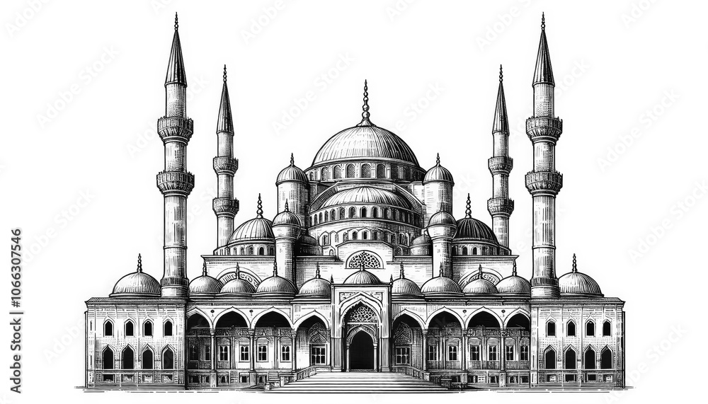 Fototapeta premium Mosque islamic religion building line art sketch engraving illustration. Black and white hand drawn image.