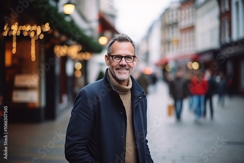 Portrait of handsome middle-aged man with eyeglasses in the city