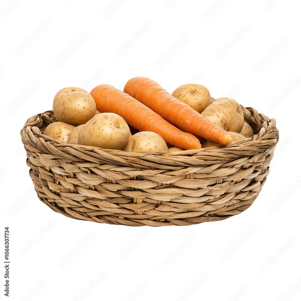 A woven basket filled with fresh potatoes and carrots on a white background. A woven basket filled with fresh potatoes and carrots on a white background.