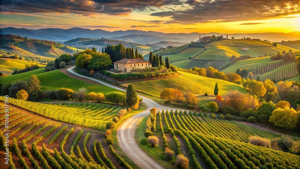 A winding road snakes through verdant rolling hills, leading to a secluded farmhouse bathed in the golden glow of a tranquil sunset. A winding road snakes through verdant rolling hills, leading to a secluded farmhouse bathed in the golden glow of a tranquil sunset.