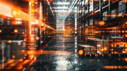 warehouse, logistics, technology, digital, transportation, automation, inventory, storage, supply chain, modern warehouse, data imagery, organized space, network connections, futuristic design, motio