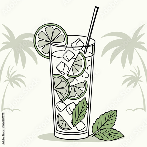 Refreshing Mojito in a Tall Glass with Mint Leaves, Lime Slices, and Ice.