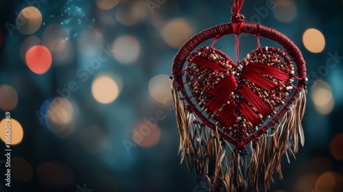 Red Heart Dreamcatcher with Feathered Tassels