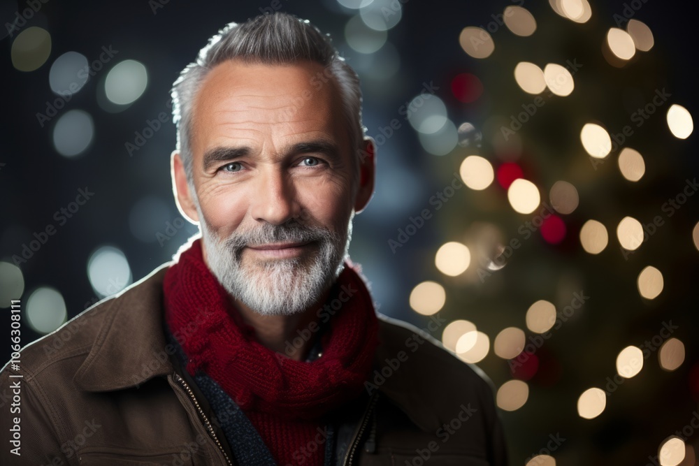 Portrait of a handsome senior man in winter clothes over Christmas lights background. Portrait of a handsome senior man in winter clothes over Christmas lights background.