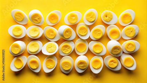 Sliced Boiled Eggs on Bright Yellow Background - Vibrant Food Photography, Culinary Delight, Healthy Snack, Breakfast Inspiration, Egg Dishes, Fresh Ingredients, Minimalist Style