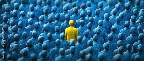 Crowd, individuality, contrast, colors, uniqueness, standing out, isolation, background a lone figure in a bright yellow suit amidst a sea of blue figures representing conformity