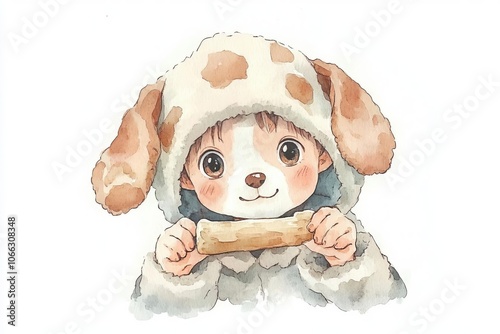 A child dressed as a puppy with droopy ears and a wagging tail, holding a small bone, in watercolor on white, kid, puppy costume