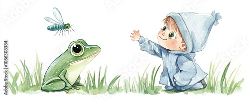 A kid in a frog outfit with big green eyes and a lily pad hat, reaching out for a fly, watercolor on white background, kid, frog costume