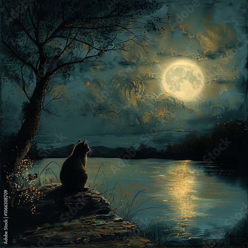 A beautiful view of cat sitting under moonlight  at night.