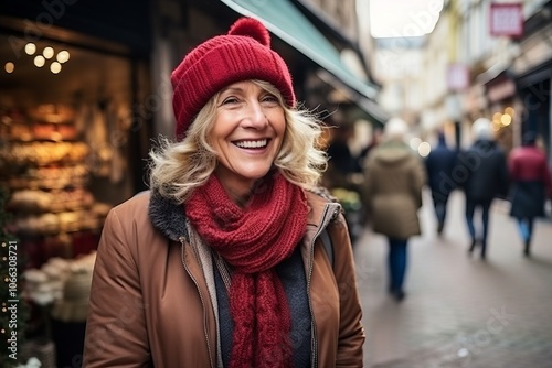 Mature woman shopping in a Christmas market (shallow DOF; color toned image)