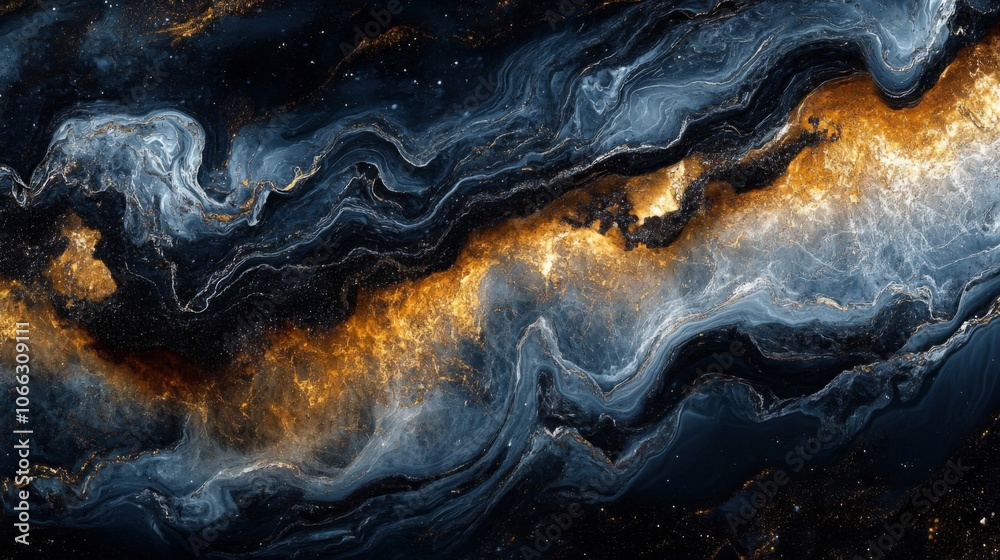 Abstract Art of Swirling Gold and Blue Paint