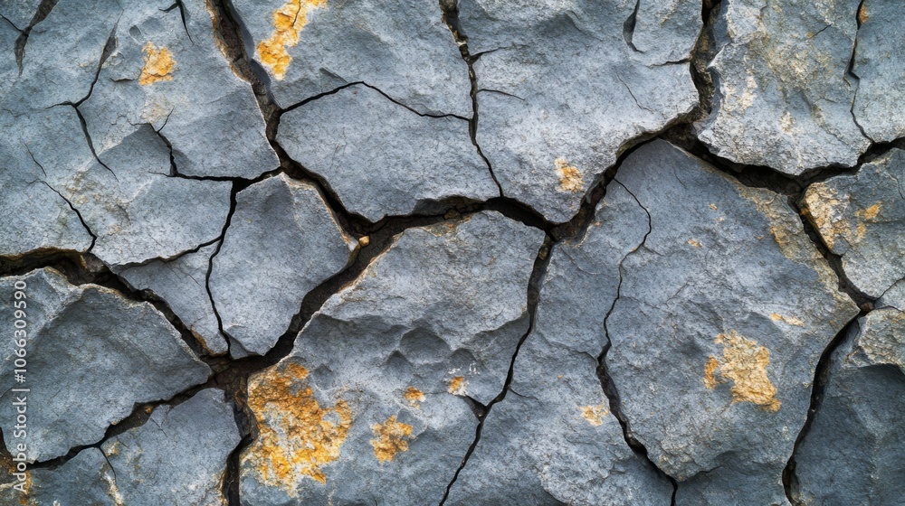 Cracked Gray Rock Surface with Yellow Patches Cracked Gray Rock Surface with Yellow Patches