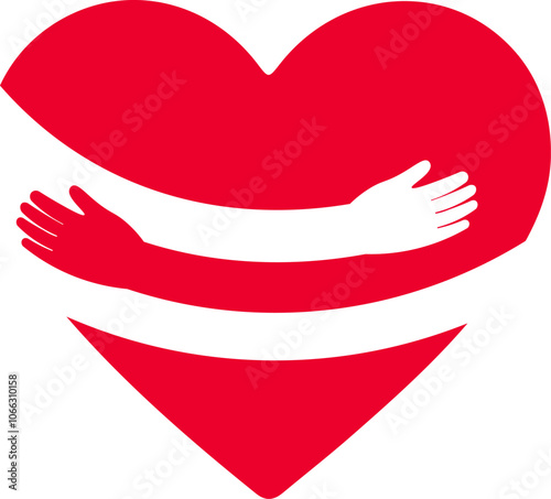 Abstract illustration of two arms embracing a heart, symbolizing care, support, and togetherness, an affectionate bonding concept, showing love, holding the heart in a positive, caring shape